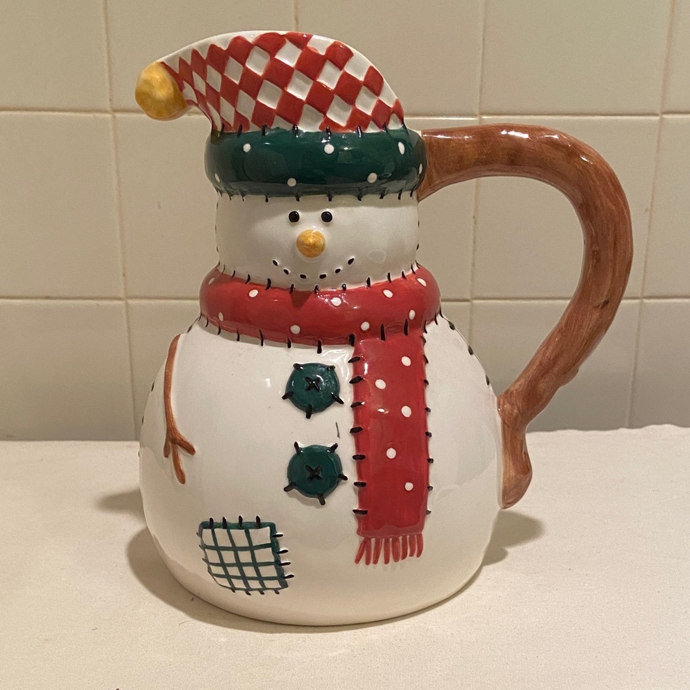 ☃️Holiday Cute Ceramic Snowman Pitcher / Flower Pot 8” Inch
